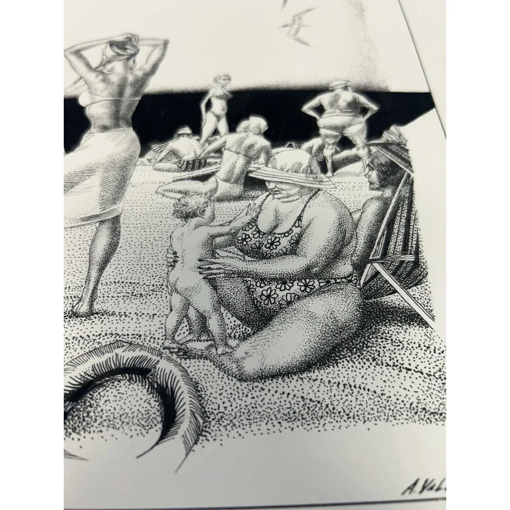 Original Alexander Valdman 2002 Signed Pen & Ink Drawing - Crowded Beach Scene